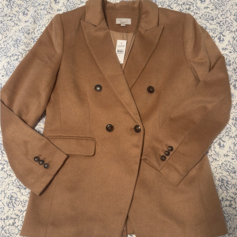 LOFT Tan Double-Breasted Blazer Structured Wool-Blend NWT